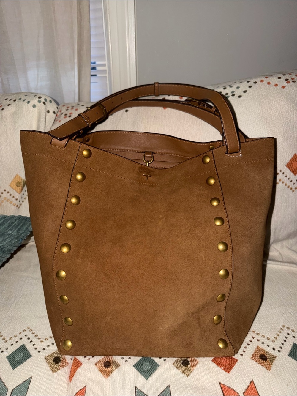Tory Burch Rowan Suede Oversized Tote Brown Gold grommets 15¾"W X 121/4” HX
9½"D